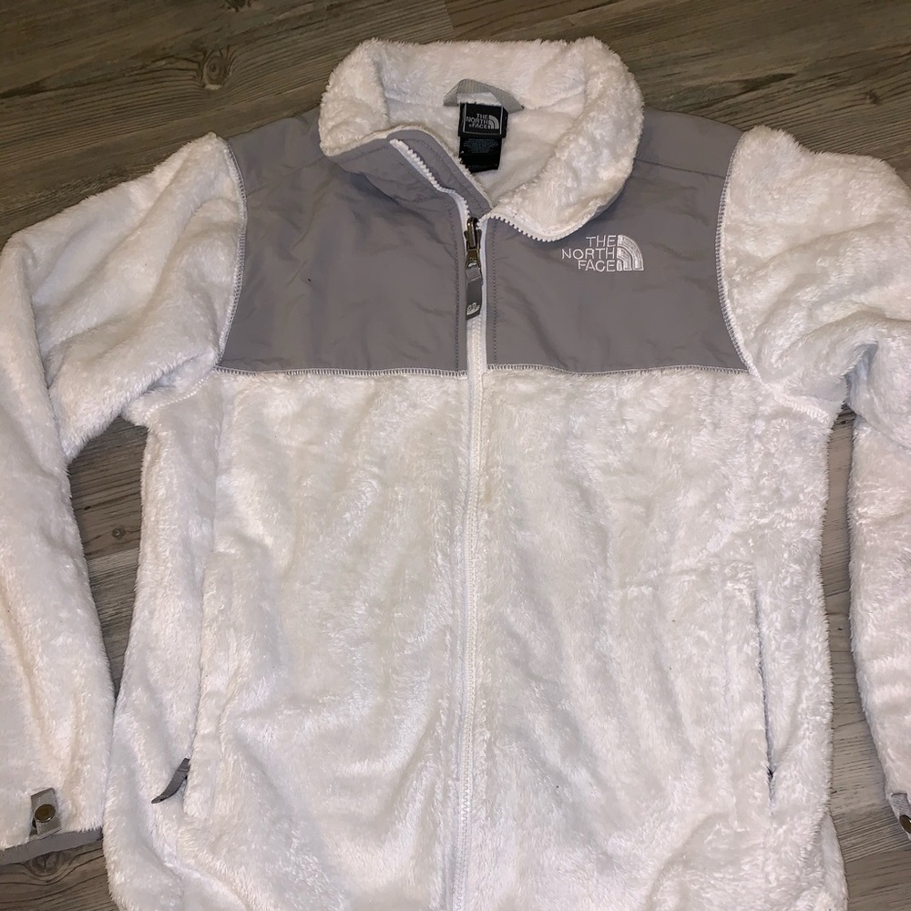 White fuzzy Northface jacket